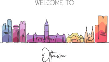 One continuous line drawing Ottawa city skyline, Canada. Beautiful landmark postcard. World landscape tourism and travel vacation. Editable stylish stroke single line draw design vector illustration png