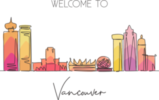 único desenho de linha contínua skyline de vancouver da cidade, canadá. cartão postal de paisagem de raspador de cidade famosa. conceito de destino de viagem mundial. curso editável moderno desenho de uma linha desenho ilustração vetorial png