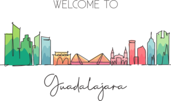 One continuous line drawing Guadalajara city skyline, Mexico. Beautiful landmark postcard. World landscape tourism travel vacation. Editable stylish stroke single line draw design vector illustration png