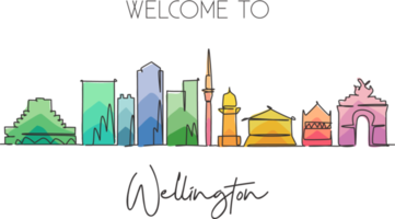 One continuous line drawing Wellington city skyline New Zaeland. Beautiful landmark home wall decor poster print. World landscape tourism travel vacation. Single line draw design vector illustration png