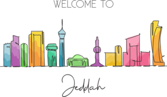 One continuous line drawing of Jeddah city skyline, Saudi Arabia. Beautiful landmark postcard print. World landscape tourism travel vacation. Stylish stroke single line draw design vector illustration png