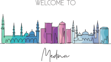 One single line drawing of Medina city skyline, Saudi Arabia. World historical town landscape. Best place holiday destination. Editable stroke trendy continuous line draw design vector illustration png