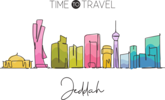 eine einzige strichzeichnung der skyline von jeddah, saudi-arabien. welthistorische Stadtlandschaft. Bester Urlaubsziel-Wanddekor-Plakatdruck. trendige Design-Vektorillustration mit durchgehender Linie png