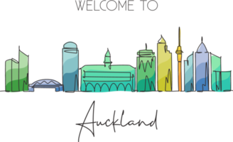 Single continuous line drawing Auckland skyline, New Zealand. Famous city scraper landscape postcard. World travel destination concept. Editable stroke modern one line draw design vector illustration png