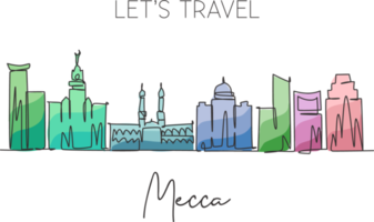 One single line drawing of Mecca city skyline, Saudi Arabia. World historical town landscape. Best holiday destination. Editable stroke trendy continuous line draw design vector graphic illustration png