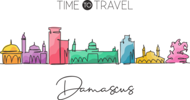 één enkele lijntekening van de skyline van Damascus, Syrië. historische stad landschap huis muur decor art poster print. beste vakantiebestemming. trendy doorlopende lijn tekenen ontwerp vectorillustratie png