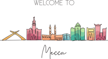 One continuous line drawing Mecca city skyline, Saudi Arabia. Beautiful landmark postcard print art. World landscape tourism travel vacation. Stylish stroke single line draw design vector illustration png