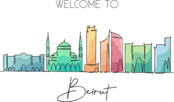 dessin en ligne continue unique des toits de la ville de beyrouth, liban. grattoir de ville célèbre et affiche de décor de mur de maison de paysage. concept de voyage mondial. illustration vectorielle de dessin à une ligne moderne png