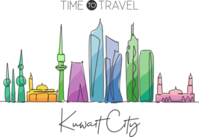 eine durchgehende Strichzeichnung der Skyline von Kuwait, Kuwait. schönes Wahrzeichen der Stadt. Weltlandschaftstourismus und Reiseurlaub. bearbeitbare, stilvolle, einzeilige, strichzeichnung, design, vektor, illustration png