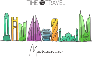 enkele doorlopende lijntekening skyline van de stad manama, bahrein. beroemde stad schraper en landschap huis muur decor poster print art. wereld reizen concept. moderne één lijn tekenen ontwerp vectorillustratie png