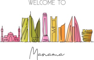 um desenho de linha contínua manama city skyline bahrain. bela impressão de cartão postal de marco. férias de viagens de turismo de paisagem mundial. ilustração vetorial de design de desenho de linha única de traço elegante editável png