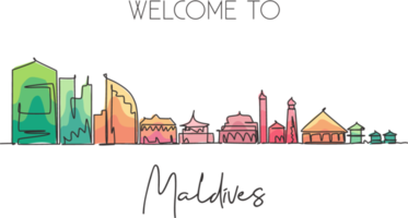 Single continuous line drawing Male skyline, Maldives. Famous city scraper landscape postcard print. World travel destination concept. Editable stroke modern one line draw design vector illustration png