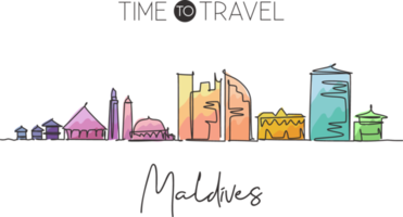 un disegno a linea singola dello skyline della città maschile, maldive. World town landscape home wall decor poster stampa art. miglior posto per le vacanze. illustrazione vettoriale di disegno di linea continua alla moda png