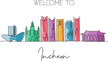 Single continuous line drawing Incheon skyline, South Korea. Famous city scraper landscape postcard. World travel destination concept. Editable stroke modern one line draw design vector illustration png