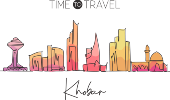 One continuous line drawing Khobar city skyline, Saudi Arabia. Beautiful landmark home decor poster print. World landscape tourism travel vacation. Stylish single line draw design vector illustration png