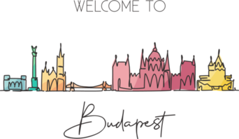 One continuous line drawing of Budapest city skyline, Hungary. Beautiful landmark postcard. World landscape tourism travel vacation. Editable stylish stroke single line draw design vector illustration png