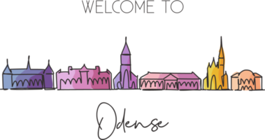 One single line drawing Odense city skyline, Denmark. World historical town landscape postcard. Best place holiday destination. Editable stroke trendy continuous line draw design vector illustration png