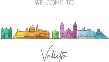 un dibujo de línea continua del horizonte de la ciudad de valletta, malta. hermosa postal histórica. vacaciones de viaje de turismo de paisaje mundial. Ilustración de vector de diseño de dibujo de una sola línea de trazo elegante editable png