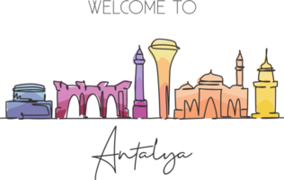 One single line drawing Antalya city skyline, Turkey. World historical town landscape. Best place holiday destination postcard. Editable stroke trendy continuous line draw design vector illustration png