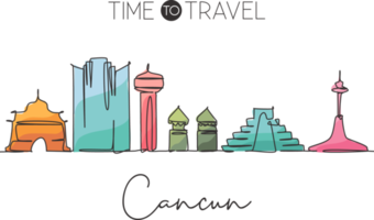 dessin en ligne continue unique de la ligne d'horizon de cancun, mexique. célèbre paysage de gratte-ciel de la ville. concept d'impression d'affiche de décoration murale de destination de voyage dans le monde. illustration vectorielle de dessin à une ligne moderne png