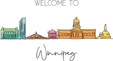 One single line drawing Winnipeg city skyline, Canada. World historical town landscape. Best place holiday destination postcard. Editable stroke trendy continuous line draw design vector illustration png