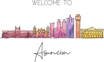 Single continuous line drawing of Asuncion city skyline, Paraguay. Famous city scraper and landscape. World travel destination concept. Editable stroke modern one line draw design vector illustration png
