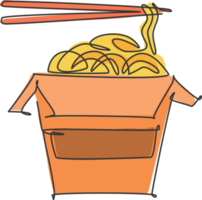 um desenho de linha contínua de macarrão picante japonês delicioso fresco no emblema do logotipo do restaurante de caixa. conceito de modelo de logotipo de loja de café de fast food. ilustração em vetor design de desenho de linha única moderna png