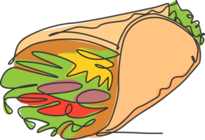 un dibujo de línea continua del delicioso emblema del logotipo del restaurante de burritos en línea mexicanos frescos. concepto de plantilla de logotipo de tienda de café nacho de comida rápida. ilustración de vector de diseño de dibujo de línea única moderna png