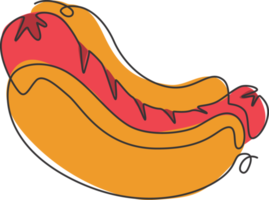 Single continuous line drawing American hot dog logo label. Emblem fast food hotdog restaurant concept. Modern one line draw design graphic vector illustration for cafe, shop or food delivery service png