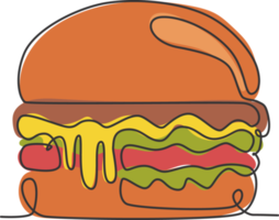 un dibujo de línea continua del delicioso emblema del logotipo del restaurante americano de hamburguesas. concepto de plantilla de logotipo de tienda de café de hamburguesa de carne de vacuno de comida rápida. ilustración de vector de diseño de dibujo de línea única moderna png