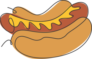 Single continuous line drawing of American hot dog logo label. Emblem fast food hotdog restaurant concept. Modern one line draw design vector illustration for cafe, shop or food delivery service png