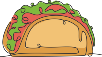 en kontinuerlig linjeteckning av färska läckra mexikanska tacos restaurang logotyp emblem. snabbmat café butik logotyp mall koncept. moderna en rad rita design vektorgrafisk illustration png