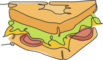 único desenho de linha contínua do rótulo estilizado do logotipo do sanduíche americano. conceito de restaurante de fast food de emblema. ilustração vetorial moderna de desenho de uma linha para café, loja ou serviço de entrega de comida png