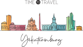 eine einzelne linie, die die skyline der stadt jekaterinburg, russland, zeichnet. Weltstadt-Landschaftswanddekor-Plakatdruck. bester ort urlaubsziel. trendige Design-Vektorillustration mit durchgehender Linie png