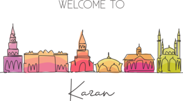 Single continuous line drawing of Kazan skyline, Russia. Famous city scraper landscape postcard print. World travel destination concept. Editable stroke modern one line draw design vector illustration png