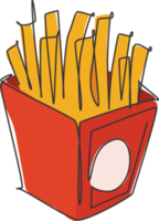 een enkele lijntekening van verse frietjes logo vectorillustratie. aardappel lange stok fastfood café menu en restaurant badge concept. modern doorlopende lijntekening ontwerp straatvoedsel logotype png