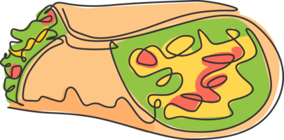 un dibujo de una sola línea de la ilustración vectorial del logotipo de burritos mexicanos picantes frescos. menú de cafetería de comida tradicional y concepto de placa de restaurante. diseño de dibujo de línea continua moderna logotipo de comida callejera png