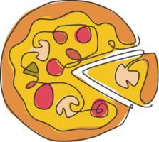 un dibujo de una sola línea de la ilustración de arte gráfico vectorial del logotipo de la pizzería italiana fresca. Menú de cafetería de pizza de comida rápida y concepto de placa de restaurante. diseño de dibujo de línea continua moderna logotipo de comida callejera png