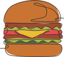 One continuous line drawing of fresh delicious American cheeseburger restaurant logo badge. Fast food burger cafe shop logotype template concept. Modern single line draw design vector illustration png