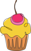 eine einzige Strichzeichnung von frischem Muffin mit Kirschkuchen-Online-Shop-Logo-Vektorillustration. Süßgebäck-Café-Menü und Restaurant-Abzeichen-Konzept. Modernes Keks-Logo mit durchgehender Linie png