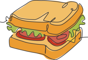 un dibujo de una sola línea de la ilustración de arte gráfico vectorial del logotipo de sándwich fresco. menú de cafetería de comida rápida para perros calientes y concepto de placa de restaurante. diseño de dibujo de línea continua moderna logotipo de comida callejera png