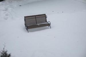 Bench in snow. Lonely shop in park in winter. Empty space. photo