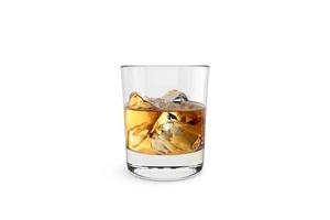 Elegant whiskey glass with ice cubes isolated on white background photo