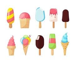 Big set of various ice cream. Assorted ice cream. Ice cream in pink glaze on stick. Vanilla fruit popsicle in chocolate. Bitten ice cream. Sweet summer dessert. Eskimo pie. Vector illustration