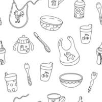 Vector seamless pattern with baby feeding goods on white background. Bibs, bottles, sippy, spoons, bowls. Great for fabrics, wrapping papers, covers. Hand drawn illustration in doodle style black ink.