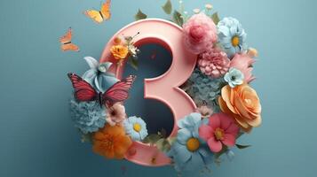 decorative 3 number with flowers AI Generated photo