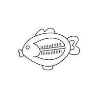 Baby bath water thermometer. Fish shape. Isolated outline. Hand drawn vector illustration in black ink on white background. Doodle style.