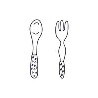 Baby fork and spoon in doodle style. Hand drawn vector illustration in black ink on white background