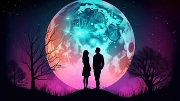 couple silhouette standing in front of the moon AI Generated photo