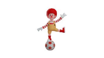 3d ilustración. payaso 3d dibujos animados personaje. payaso es ejecutando a un cumpleaños fiesta. payaso soportes en un pelota con uno pie. payaso estirado fuera su brazos a mantener balance. 3d dibujos animados personaje png